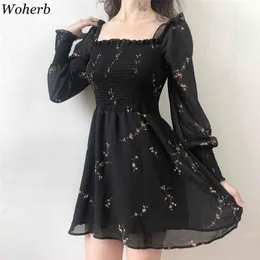 Woherb Summer Womens Black Dress Vintage Flower Long Puff Sleeve Chiffon Dresses Korean Casual Mini Vestidos Mujer 21593 210623