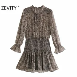 Zeveity женщины Vintage V шеи леопард печатает эластичные оборманы мини-платья женский длинный рукав Vestido Chic случайные тонкие платья DS4482 210306
