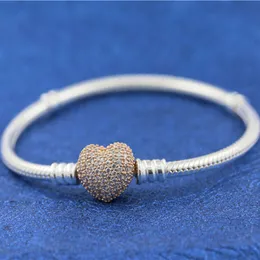 925 Sterling Silver Moments Rose Gold Pave Heart Carp Bransoletka Pasuje do European Pandora Bransoletki Charms and Beads