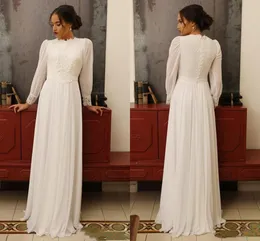 Vintage Şifon A-line Gelinlik Kabarık Uzun Kollu Yüksek Boyun Aplikler Dantel Kat Uzunluk Gelinlikler Örgün Elbise Custom Made Vestidos de Noiva