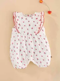 Peninsula Baby Fruit Print Contrast Stitch Ruffle Trim Romper SHE