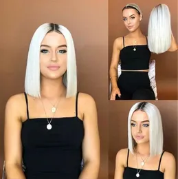 bob Ombre white straight Lace Front Wigs With Baby Hair 180% Density Heat Resistant Synthetic Wigs 14inch Short Wigs For Black Women FZP152
