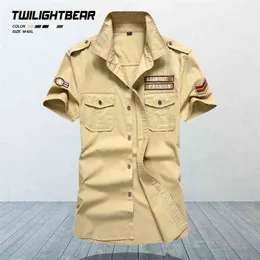 Militär herrskjortor överdimensionerad kortärmad ren bomull streetwear casual man kläder chemise homme 6xl mfjh105 210809