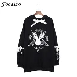 FOCAL20 HARAJUKU Pentagram Print Lace Up Women Fleeces Hoodies Gothic Punk Oversize Velvet Hooded Sweatshirt Pullover Streetwear 201204