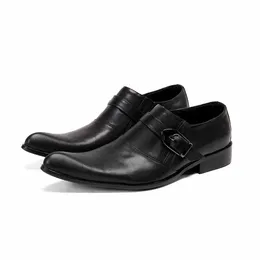 Toe Pointed Fashion Buckle Dress Black Genuine Leather Shoes Men Soft Comfortable Zapatos Hombre