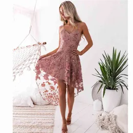 Sommar kvinnor blomma spets klänning ny mode mittkalv ärmlös spaghetti strap party klänningar elagent kvinnlig bandage vestidos x0521