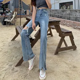 Kvinnors Jeans 2021 Sommar Höst Cool Split Women High Waist Plus Storlek Tvättade Denim Byxor S-5XL Casual Chic Hole Out Flare