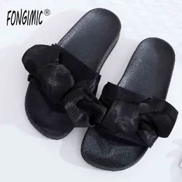 Fongimic Women Summer Slippers Comfortable Solid Flat Sho Casual Simple Bow Tie Beach Slipper Green Black Pink