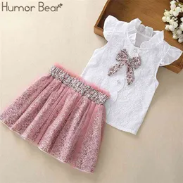 Baby Girl Clothing Summer Kids Bay Toddler Chiffon Bowknot T-shirt + spodnie dziewczęta 'Ustawia 3-7y 210611