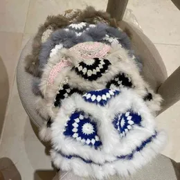 2021 Zima Crochet Rabbit Włosy Beanie Ciepłe grube Dzianiny Basin Ladies Panama Bucket Hat