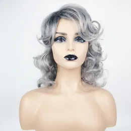 グレーカラーカーリー波状合成かつらシミュレーション人毛かつらヘアピース黒と白の女性 Pelucas K41