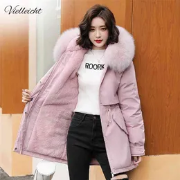 Vielleicht Cotton Thicken Warm Autumn Winter Jacket Coat Women Casual Long Parka Clothes Fur Lining Hooded Coats 210923