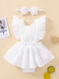 Baby Ruffle Trim Criss Cross Overall Combo Bodysuit Dress & Headband SHE