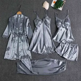 Sleepwear Female 5PCS Pajamas Set Satin Pyjamamas Lace Patchwork Bridal Wedding Nightwear Rayon Home Wear Nighty&Robe Suit 210831