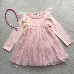CC Różowy 1-6y Baby Girl Splicing Tulle Koronki Sukienka Niemowlę Toddler Princess Tutu Latający Rękaw Party Dzieci Guaze Odzież 210529