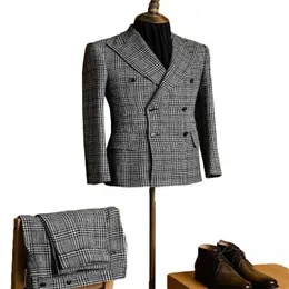 Nyaste 2 stycken Houndstooth män passar formella skräddarsydda mannen passar modern lapel dubbel breasted business coat + pant x0909