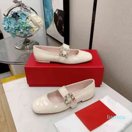 Designer Sexig casual lady mode kvinnor skor beige läder runda tå kristall maryjanes lägenheter pumpar zapatos mujer