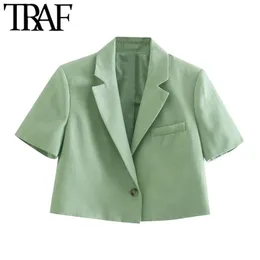 TRAF Women Fashion Single Button Linen Beskuren Blazer Vintage Shorts Sleeve Kvinna Ytterkläder Chic Veste Femme 211122