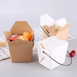 100PC Kraft Paper Carton Lunch Snack Furit Salad Box Engång Snabbmat Pasta Takeaway Förpackning Box med svart plasthandtag