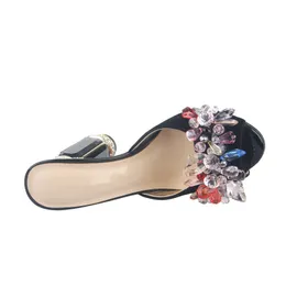 2024 Frauen Damen echter Leder-Strass-Strass-High Heels Sandalen Wildleder Sommer Flip-Flops Slip-On-Kleidungsschuhe Diamant-Stimmzettel 3d Bunte Blume Schwarz