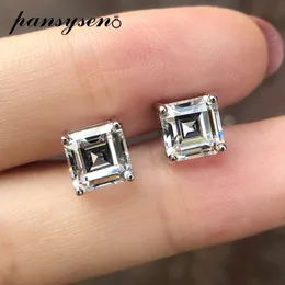 PANSYSEN Classic 3CT 7 mm Square Lab Diamond Studs 100% czyste 925 Srebrny srebrny biżuteria Prezenty ślubne 210312