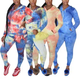 Set da corsa Tuta autunnale 2 pezzi Set per donna 2021 Felpa con cappuccio a maniche lunghe Top Pantaloni a matita a vita alta Tie Dye Suit Abiti