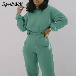 SpotLtWM Fashion Fleece Two Piece Set Women Solid Hooded Sweatshirt And High Waist Pants Suit Casual Female Tracksuit Outfit 211007