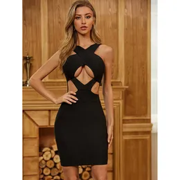 Femmes Sexy Creux Out Dos Nu Noir Mini Moulante Bandage Robe D'été Chic Soirée Celebrity Party Robe 210527