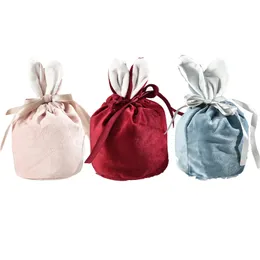 3 Colors Easter Bunny Bucket Favor Velvet Rabbit Ears Basket Drawstring Candy Bag Wedding Jewelry Pouch