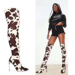 Ladies Over The Knee Boots Cow Print PU Leathrt Sexy High Heels Zipper Autumn Thin Heel Female Shoes Plus Size 35-43