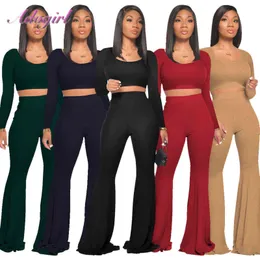 Plain Color Two Piece Sets Causal Long Sleeve Crop Tops Jogger Flare Pants Suit Outfit Sportwear track Tracksuit Fitness Matching Set 211116