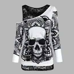 Gothic Casual Women T Shirts Skull Graphic Off Shoulder Two Piece Tee Sets Long Sleeve Sleeveless Spring Tops Female Clothes D30 X0628
