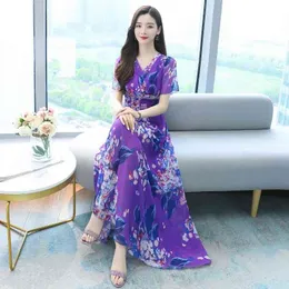 summer fashion women seaside resort beach long dress bohemian short-sleeved print 210531