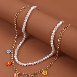 2 Pcs/Set Boho White Pearl Necklaces For Women Trendy Gold Color Metal Chain Handmade Beaded Flower Pendants Necklace Jewelry