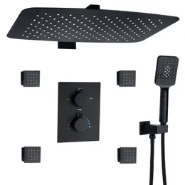 Matte Black Shower Mixer Set 55X35 CM Bathroom Thermostatic Rainfall With Three-Function Hand Shower