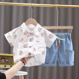 Hylkidhuose Baby Boys Clothing Sets Summer Infant Outfit Short Sleeve Cartoon Shirt Denim Shorts Children Kids Beach Clothes G1023