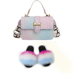 Hot sale-Women Shoes Fur Slides And Purse Sets Real Fur Slippers With Bags To Match Furry Sandals For Woman And Handbags In Bulk