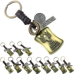 Bronze Fashion Sign Tag Keyring Key Rings 12 Constell Leather Keychain Bag hänger smycken Will och Sandy Gift