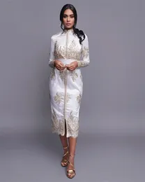 Eleganti abiti da sera con applicazioni in pizzo, maniche lunghe, bottoni, abito da ballo da donna, lunghezza tè, Robe De Soriee