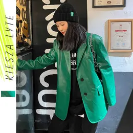 Мода искусственная кожаная куртка женщин корейский стиль дамы повседневный зеленый черный блейзер дизайн одежды для одежды 210608