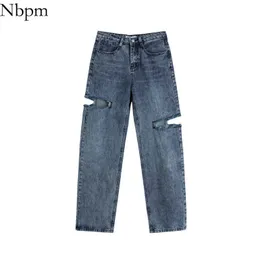 Nbpm Women Chic Fashion High Waist Hole Ripped Woman Jeans All-Match Loose Wide Leg Pants Loose Bottom Spring Summer 210529