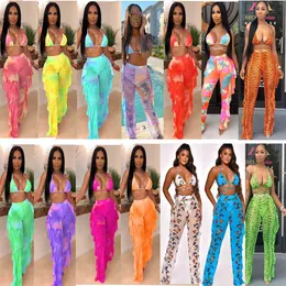 2022 Women Bikini Tracksuits Mesh Beach Two Piece Set Tie Dye Swimwear Sexy V Neck Backless Bandage Pleated Pants