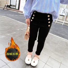 Ins Hot Baby Girls'winter штаны 2-9 лет Корейский стиль высокая талия кнопка украшения бархатных карандаш брюки растягиваются длинные брюки 210303