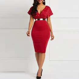 Clocolor Lato Sukienka Sexy V Neck Tunika Wysoka Talia Frezowanie Z Krótkim Rękawem Ladies Czerwony Bodycon Plus Size Party Club Midi Dress Y0118