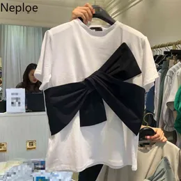 NEPLOE BOW-KNOT CONTRAST FÄRG T Shirt Sweet O Neck Kortärmad Dam Tees Fashion Korean Bomull Kvinna Toppar A10057 210623