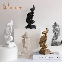 NORTHEUINS Harz 27 cm Silence Is Gold Figuren Nordic Creative No Say Mask Statuen für den Innenbereich Home Office Desktop Art Decor 211108