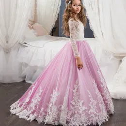 Różowe Toddler Girls Pageant Dresses Suknie Balowe Klejnot Długie Rękawy Formalne Dzieci Party Suknia Kwiat Dziewczyna Suknie Dla Wesela Kwiat Dziewczyny Suknie