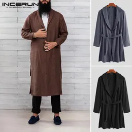 Erkekler Placowear Incerun Pamuk Erkekler Cüppeler Düz Renk Uzun Kollu Homewear Fitness Sıradan Batlar Vintage Lapel Kimono Pijamalar S-3XL