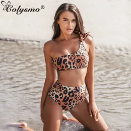 Colysmo Leopard Bikini One Shoulder Bow Swimsuit Women High Waist Push Up Padded Swimwear Sexy Brazilian Biquini 210527