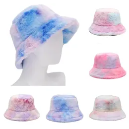 Wide Brim Hats Winter Women Bucket Hat Fashion Tie-dyed Faux Fur Warm Outdoor Panama Cap Sun Rainbow Color Caps